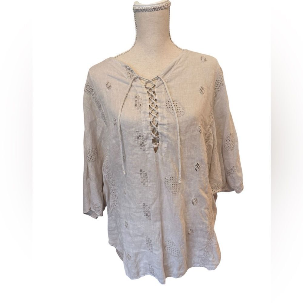 120% Lino Linen Embroidered Lace Up Blouse 38